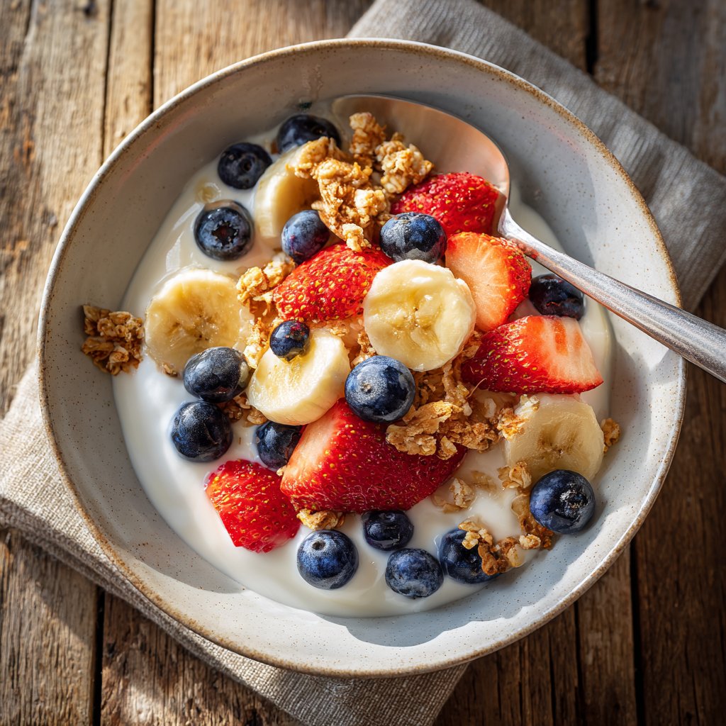 Frühstück mit Joghurt und Obst